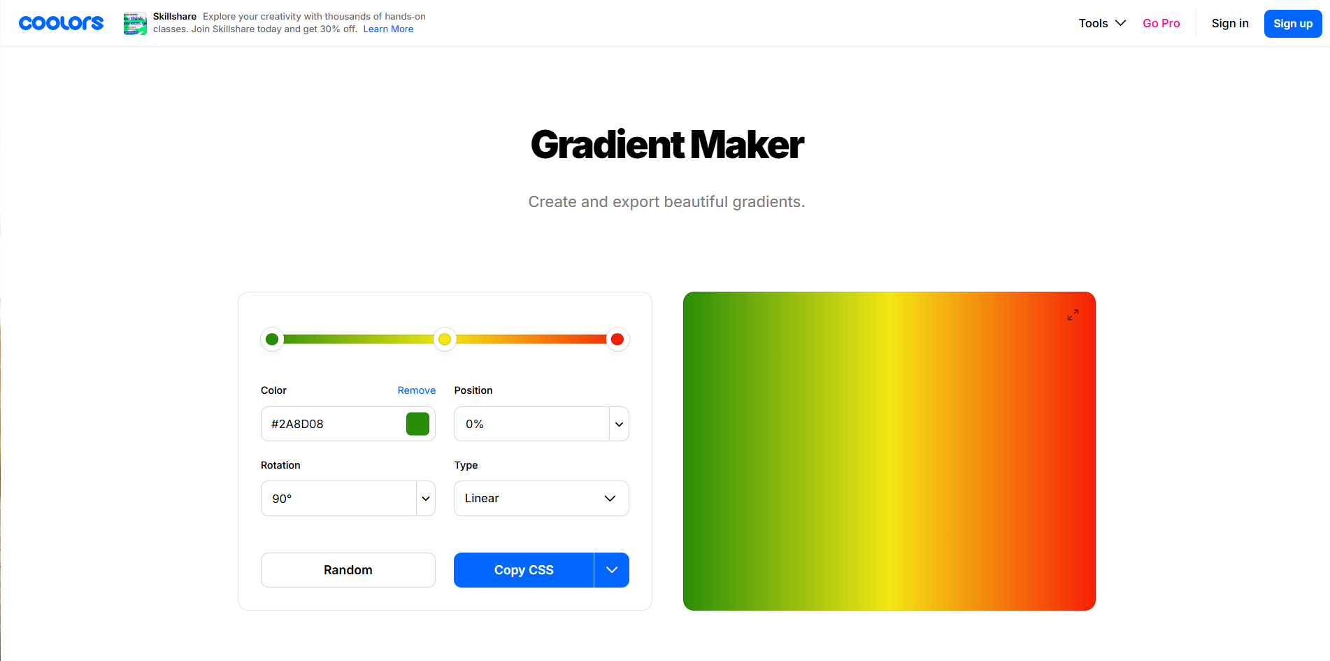 Interface of Coolors - an easy to use gradient background generator