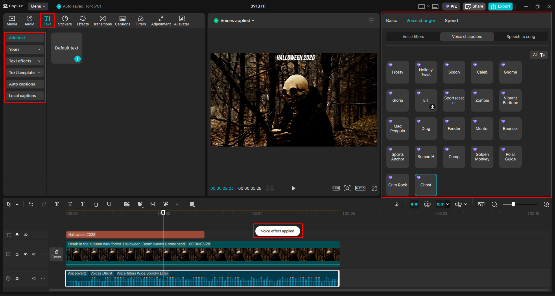 Applying Halloween voice effects to audio with the CapCut desktop video editor