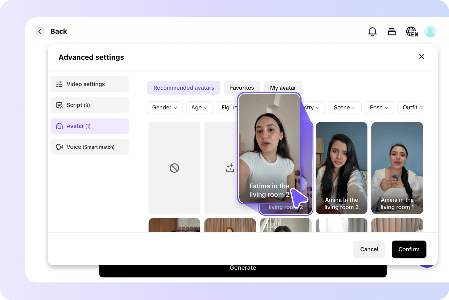 description=Pippit's video settings panel showing a dropdown menu with "Arabic" selected. Below are toggles for "AI Voiceover" and "Automatic Captions", and a thumbnail preview of an AI Avatar.