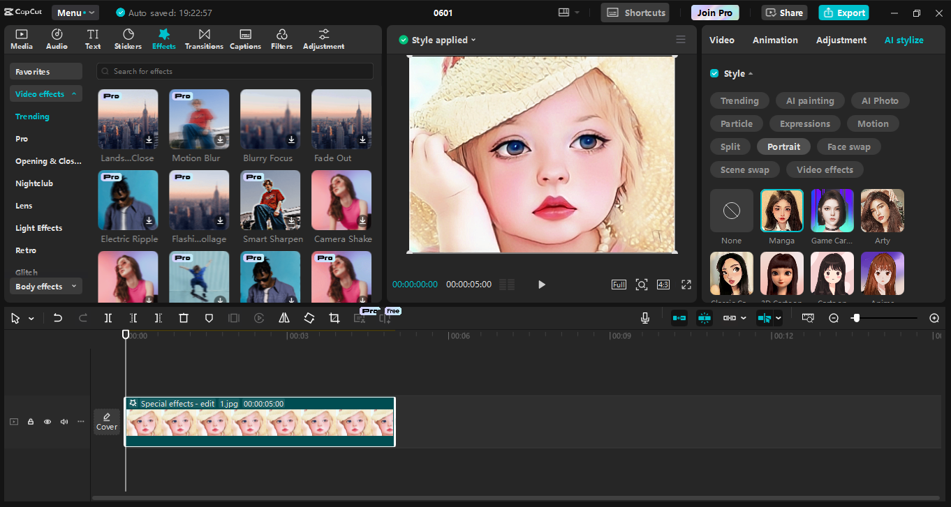 CapCut masaüstü video düzenleyicisinin arayüzü - fotoğrafları çizgi filme dönüştürmek için en iyi araç