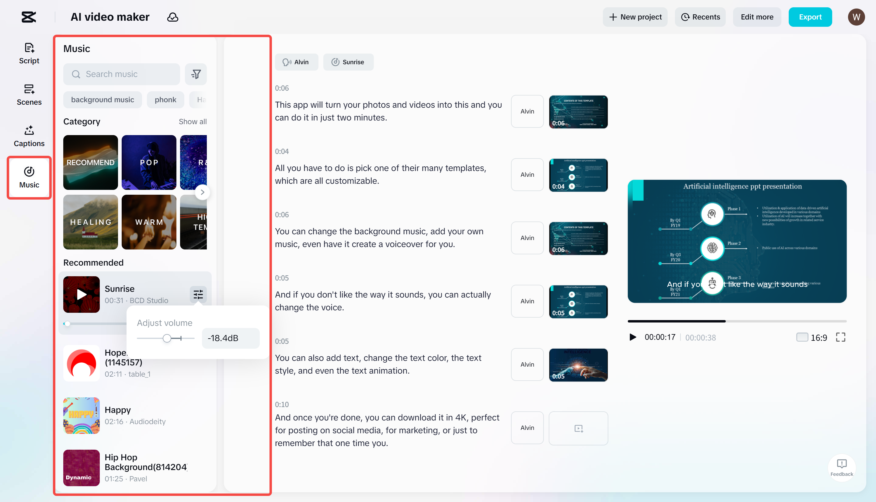 Applying music to video in CapCut's AI video maker tool