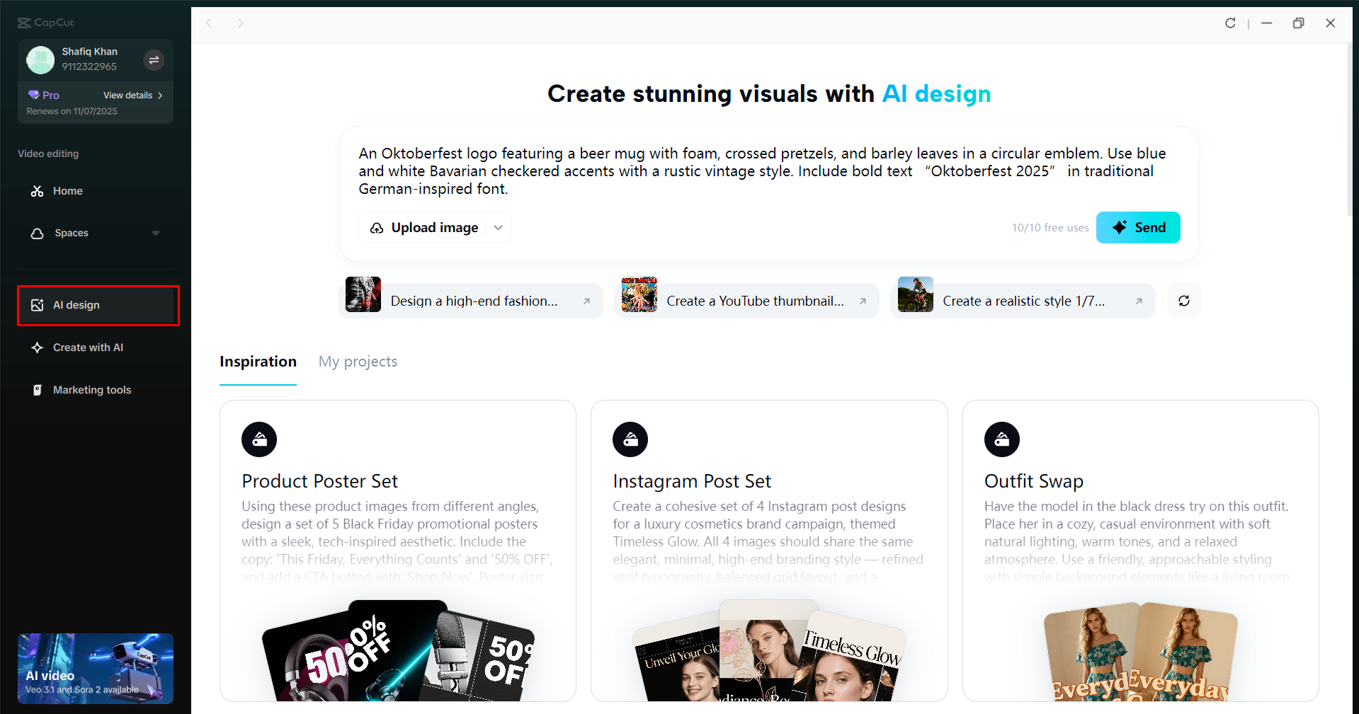 Accessing the AI Design tool in the CapCut desktop video editor