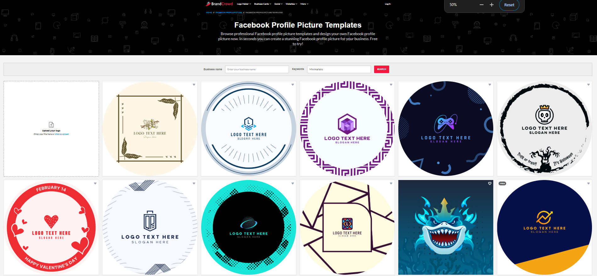 Interfața BrandCrowd – unul dintre cei mai buni creatori de fotografii de profil pentru Facebook.