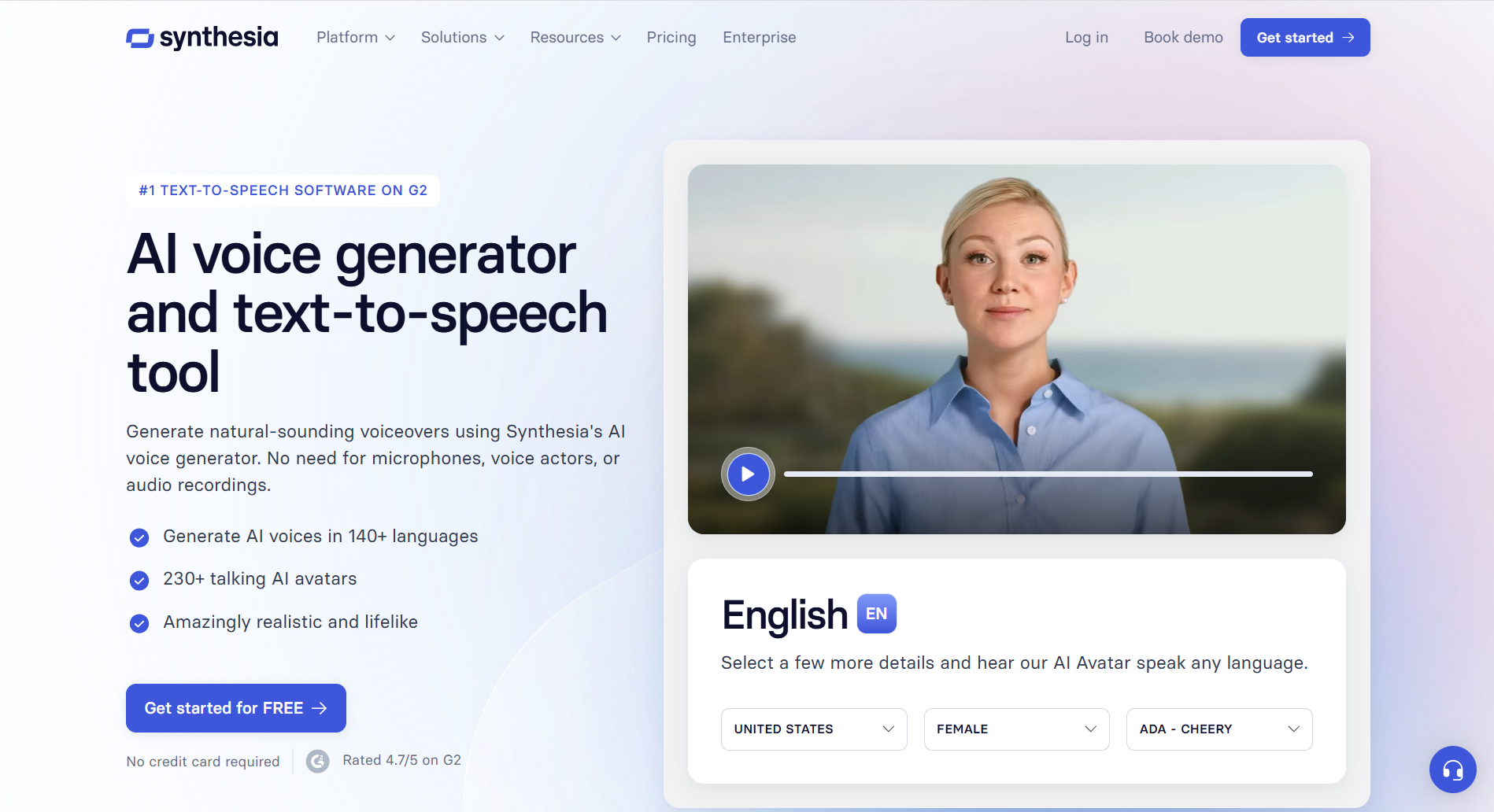 Synthesia AI generátor hlasu – rozhraní