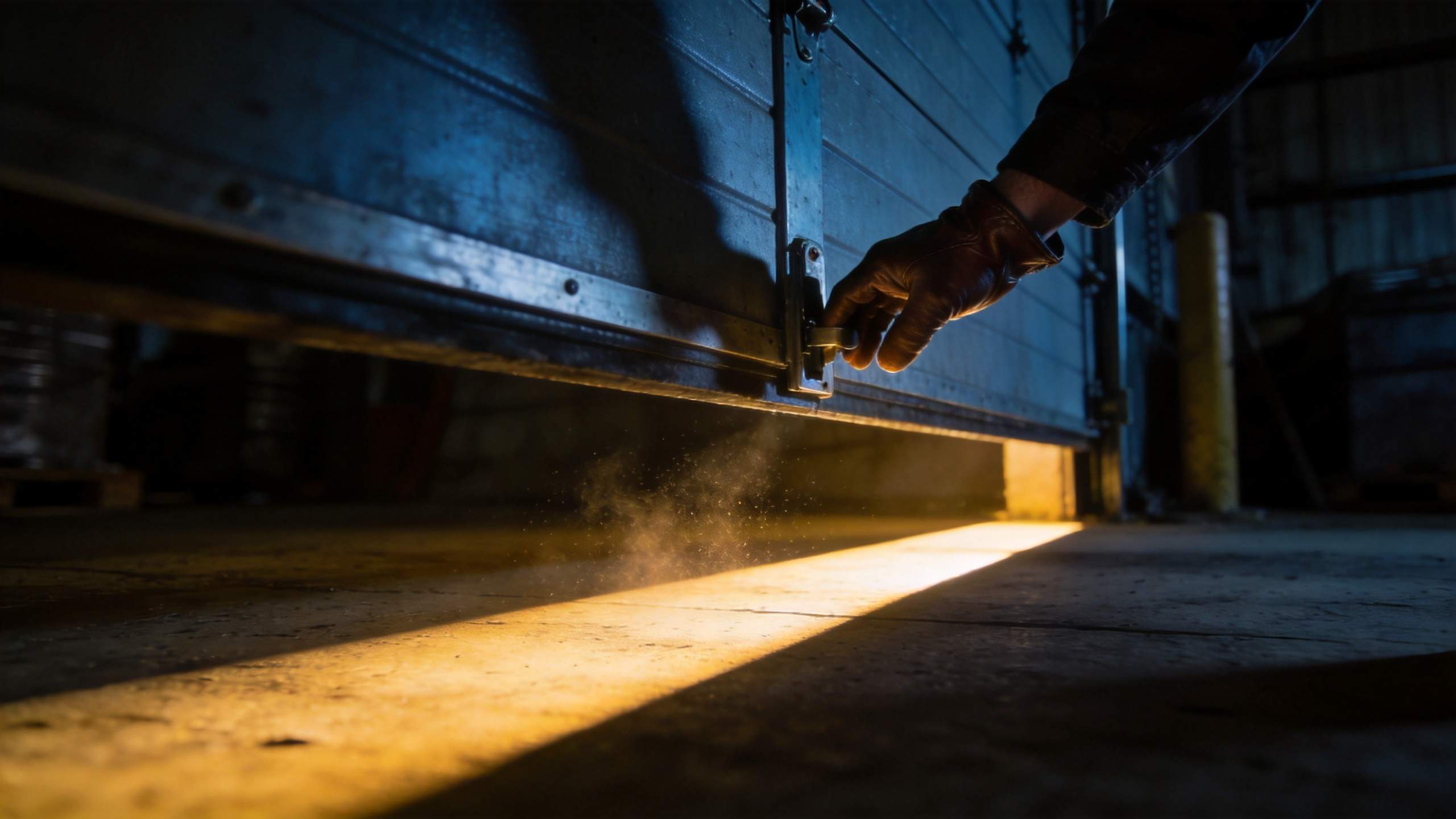 Gloved hand opening a warehouse door with light spilling onto the floor