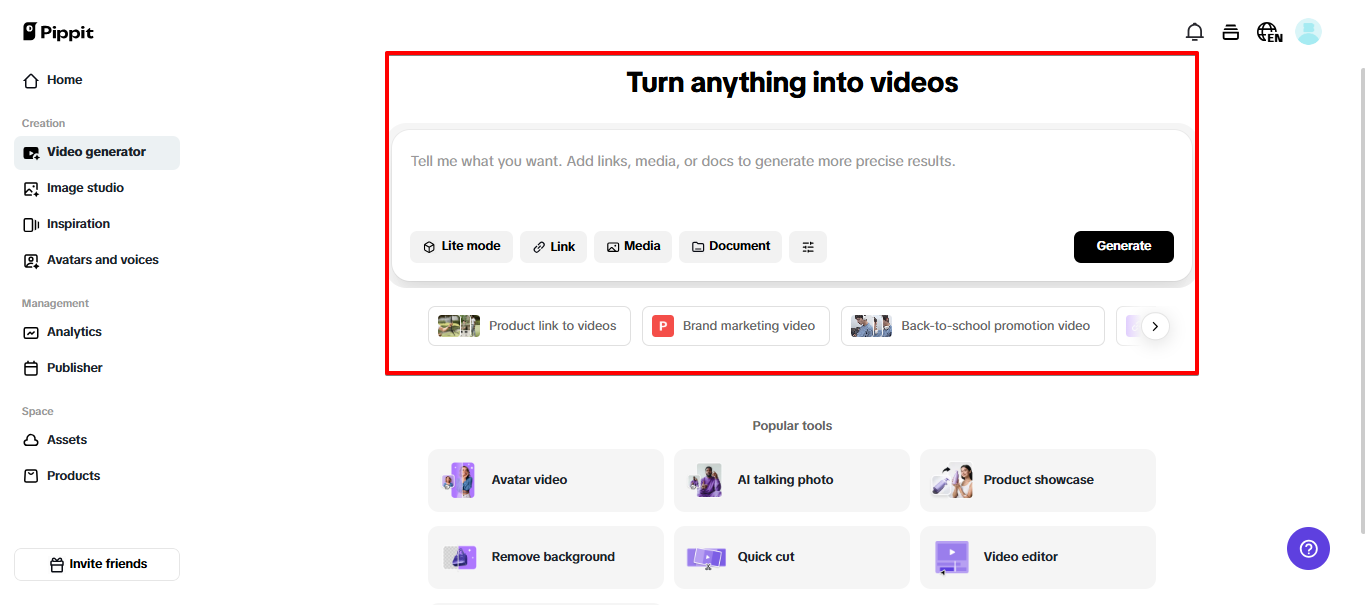 Agente de vídeo inteligente do Pippit
