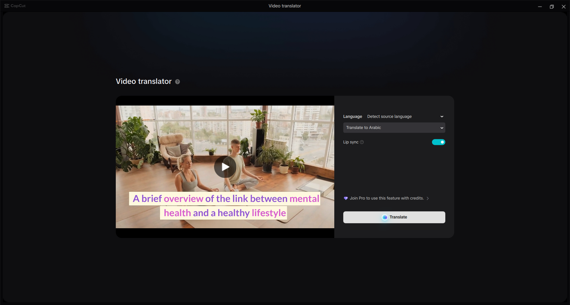 CapCut's video translator interface to instantly translate videos