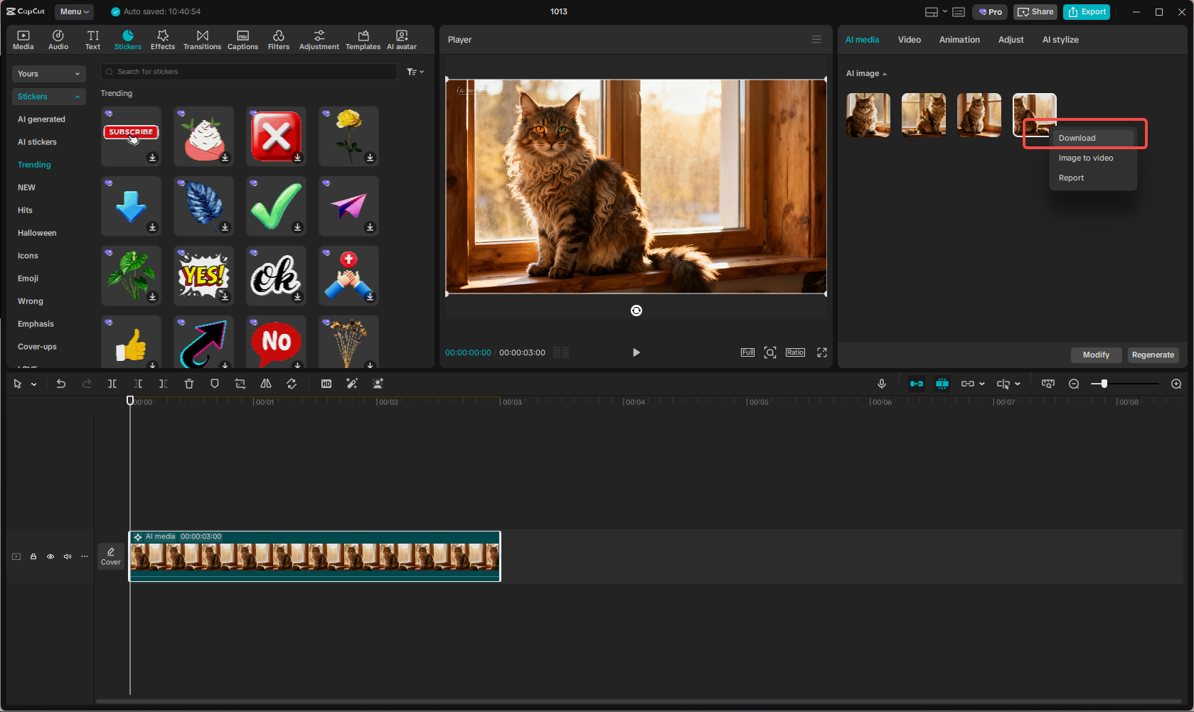 Exporting the AI-generated photo in CapCut