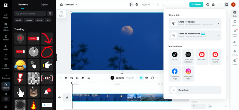 CapCut share and download menu displayed beside a project featuring a moon video