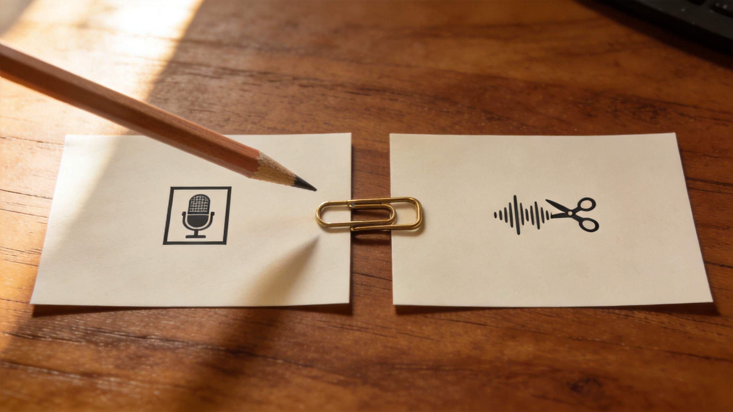 Pencil points at cards with a microphone icon and an audio waveform with scissors