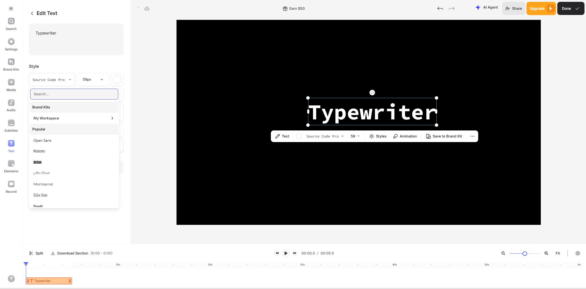 Interface of Veed - a user-friendly animated text video generator