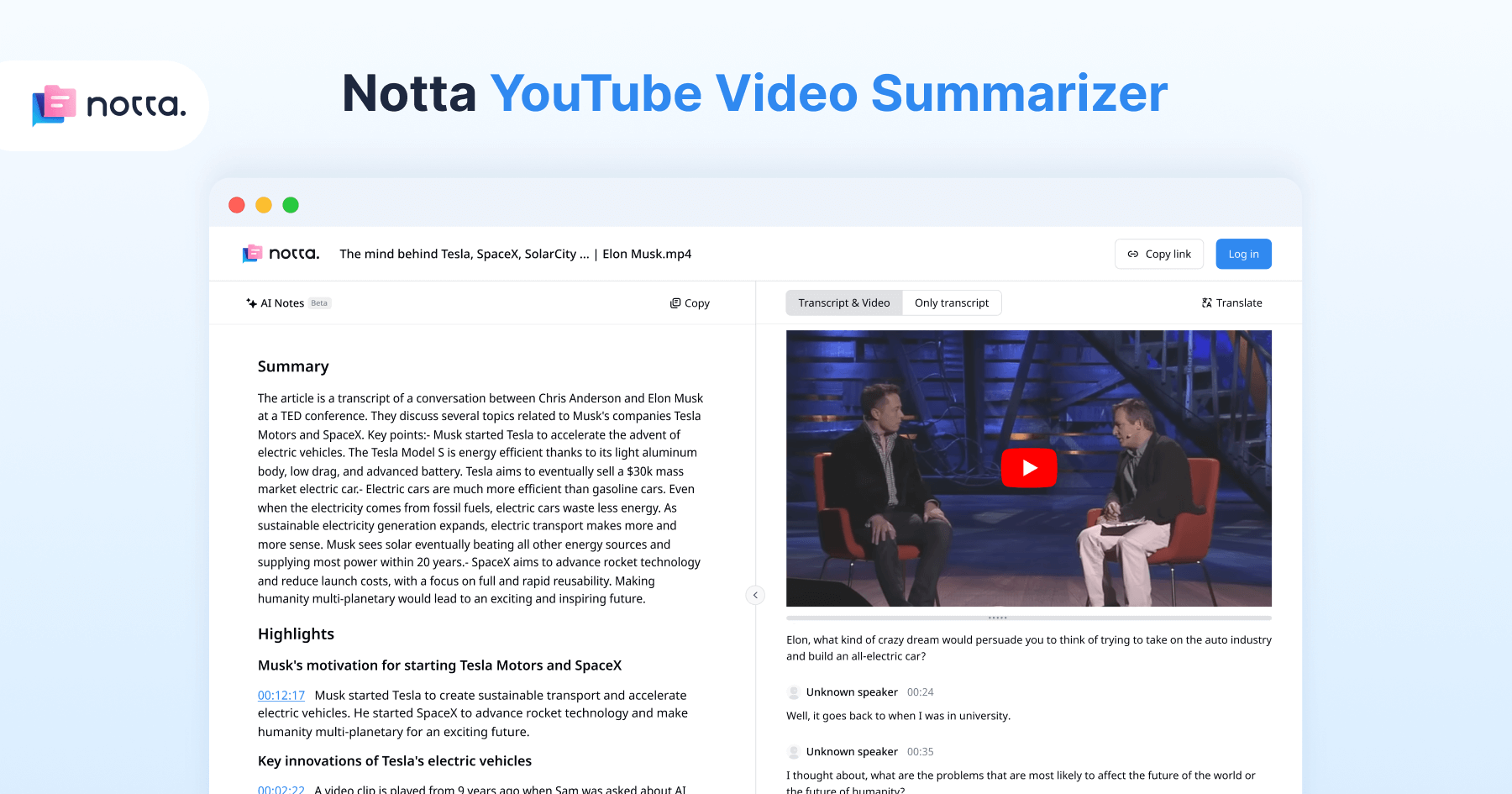 Interface do Notta - ferramenta gratuita IA de resumo de vídeo