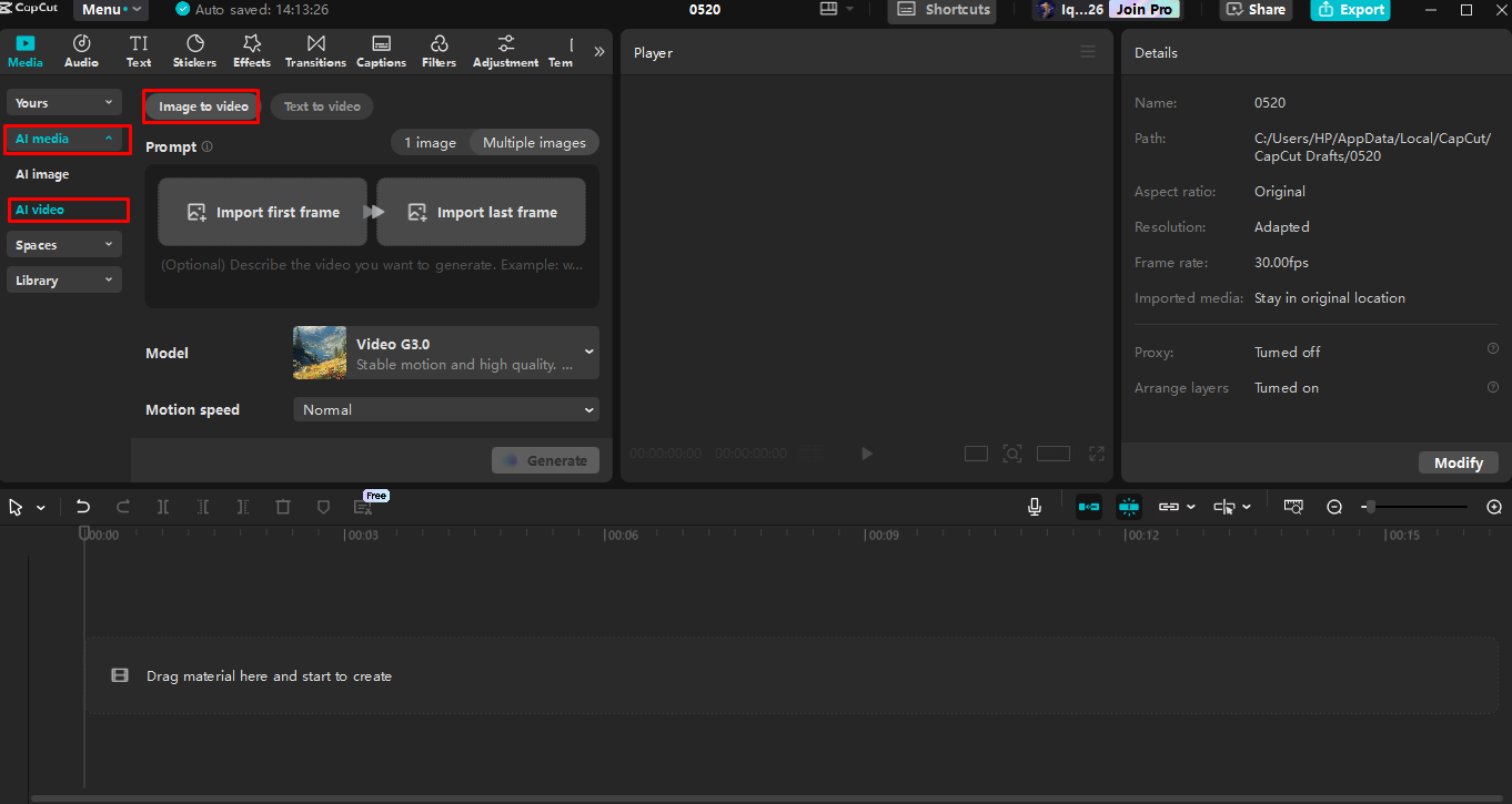 Mengakses alat imej-ke-video dalam CapCut