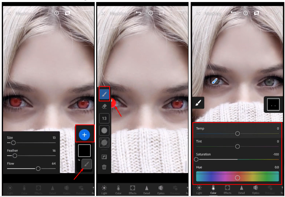Image showing how to do red eye correction in Lightroom using selective edits