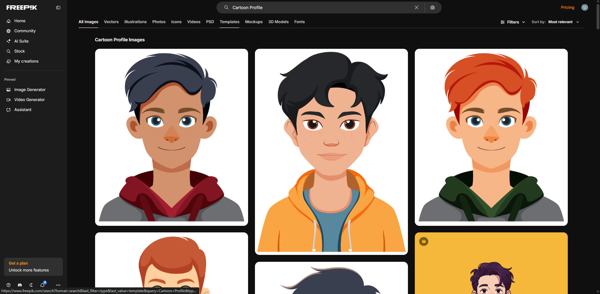 Interface of Freepik - another resource for Instagram cartoon profile pictures