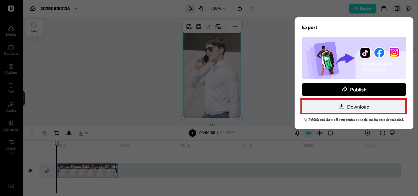 Download button in Pippit's video editor