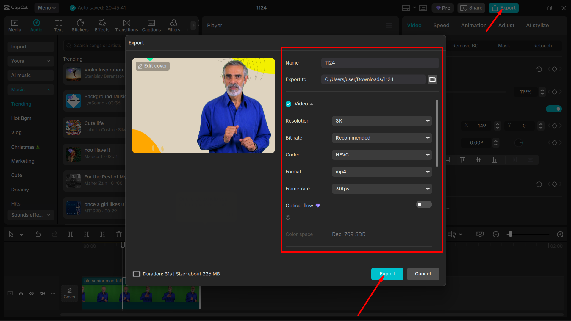 Exporting the final image from the CapCut desktop video editor