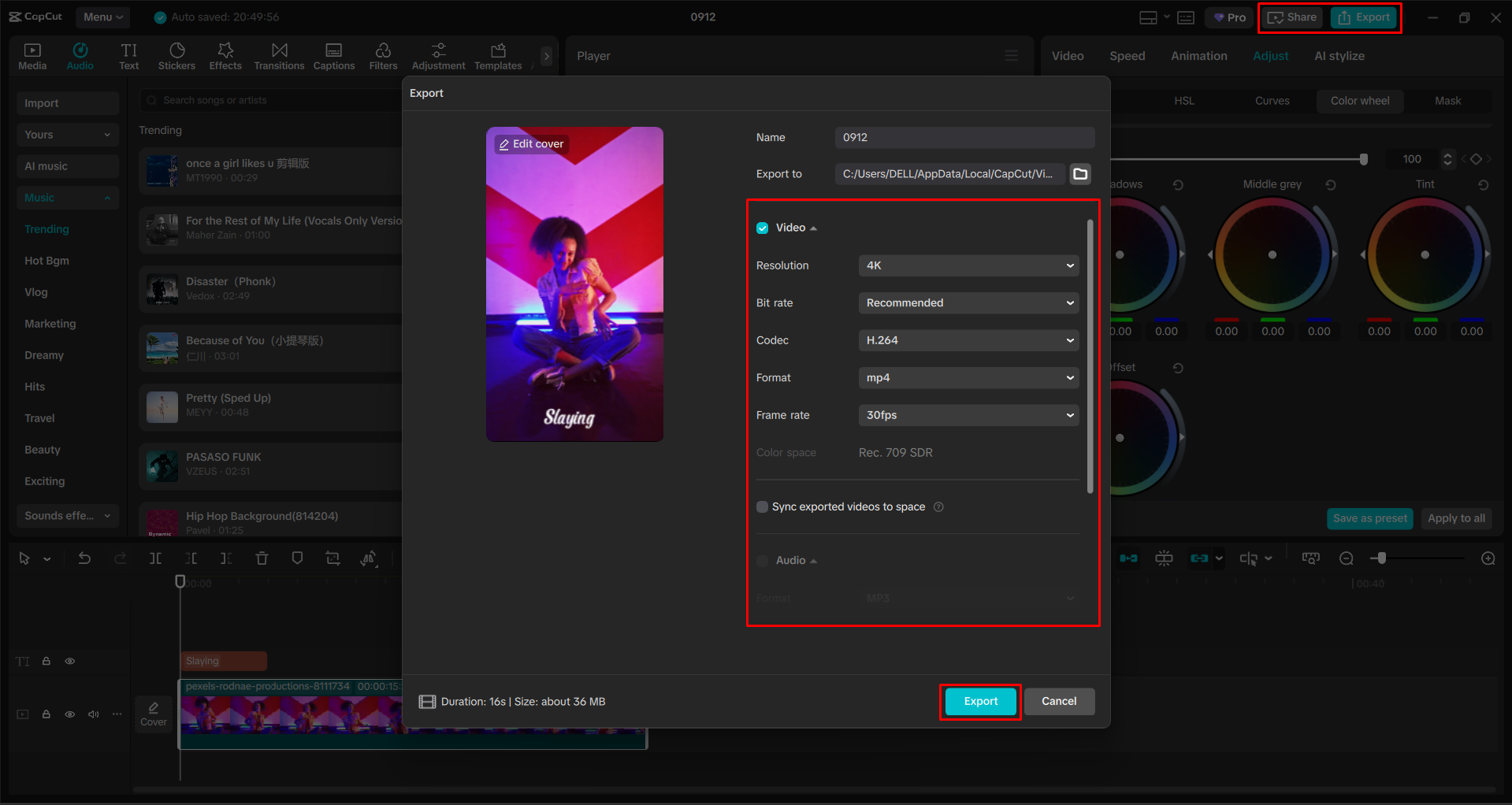 Exporting a video from the CapCut desktop video editor