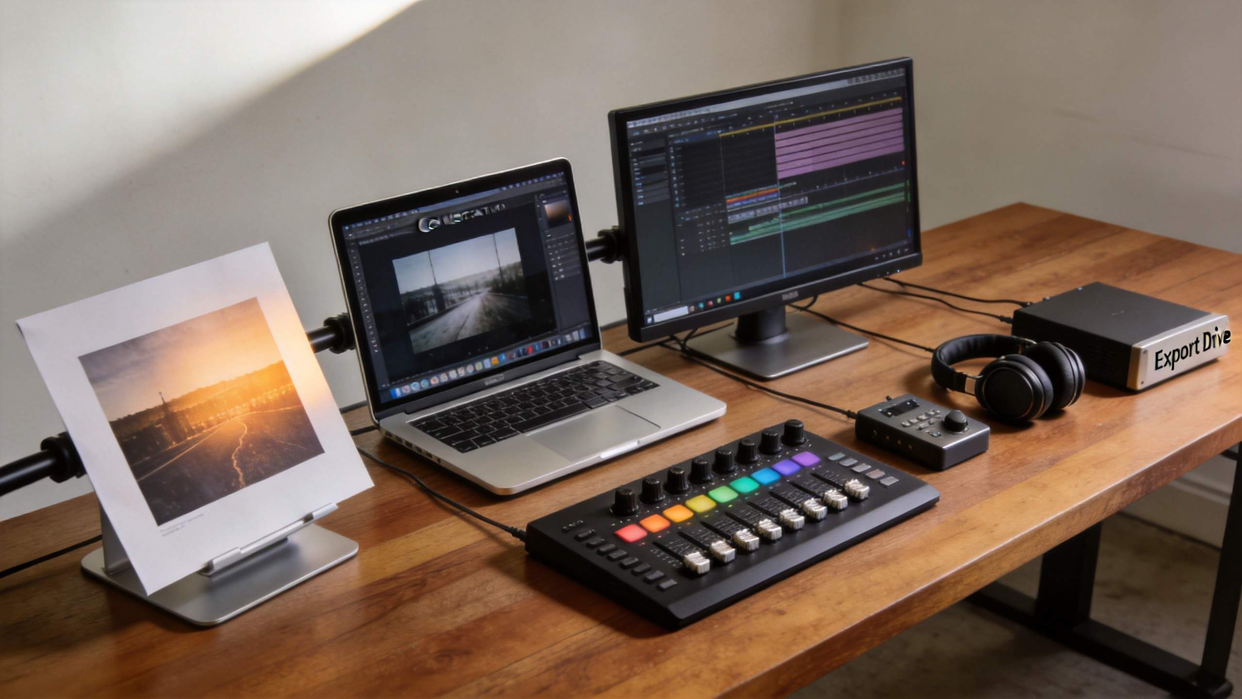 Video editing setup with laptop, dual monitors, color controls, headphones, and export drive