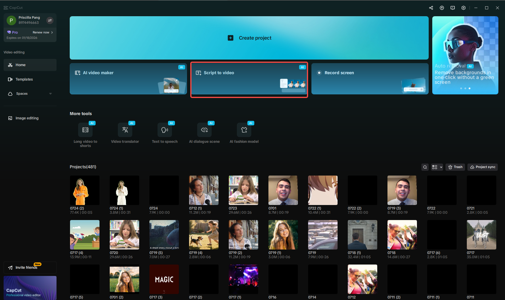 Open CapCut and select the script to video feature