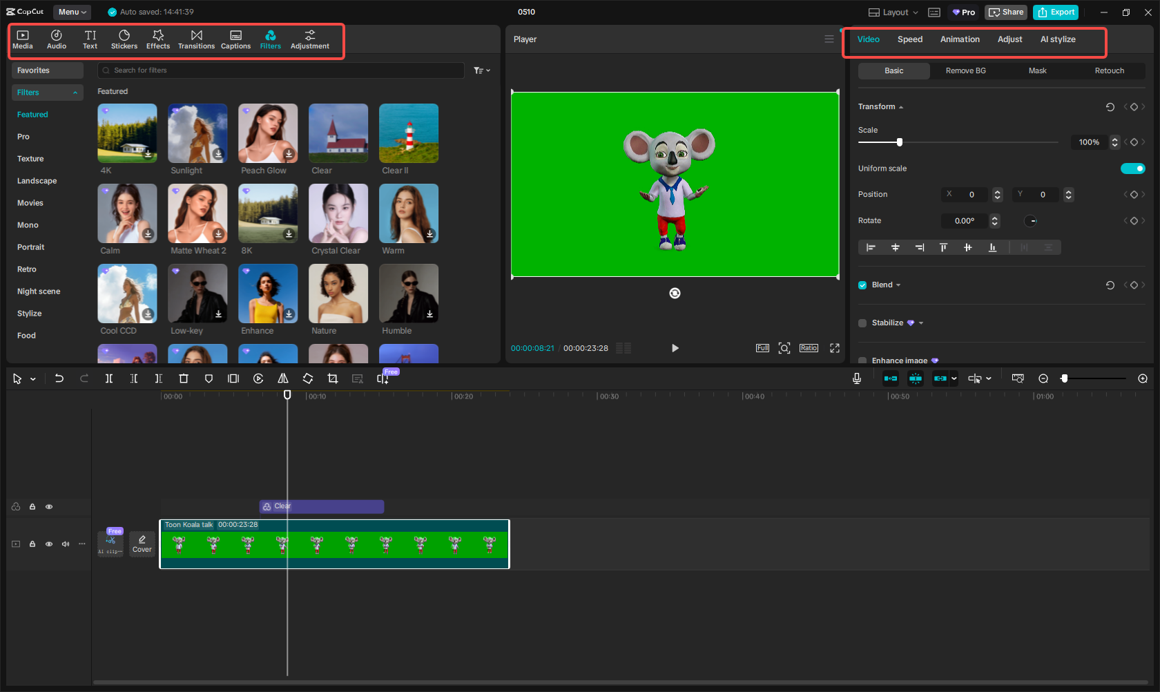 Edit the green screen cartoon character