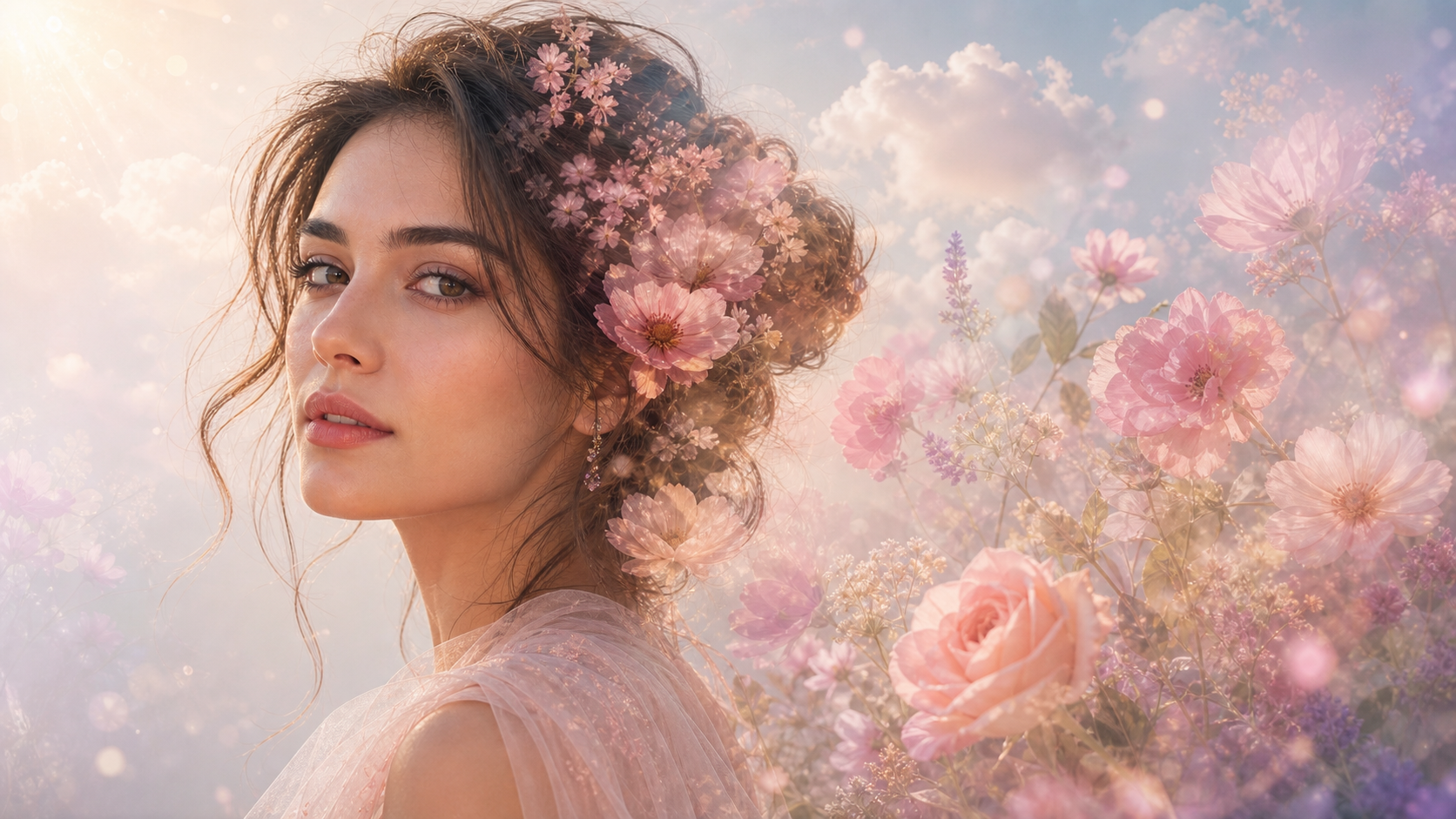 16: 9 floral doppelte Belichtung Mädchen AI Foto bearbeiten