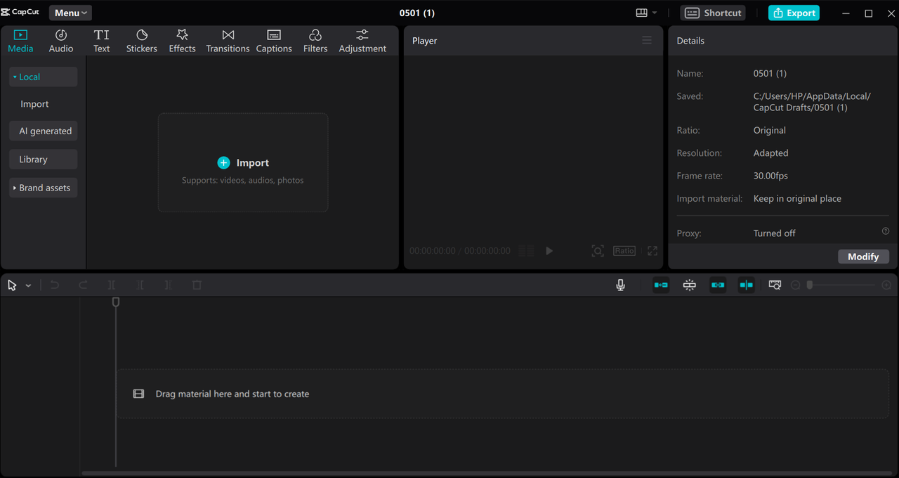 Import and resize a video to the preferred TikTok ad specs on the CapCut desktop video editor