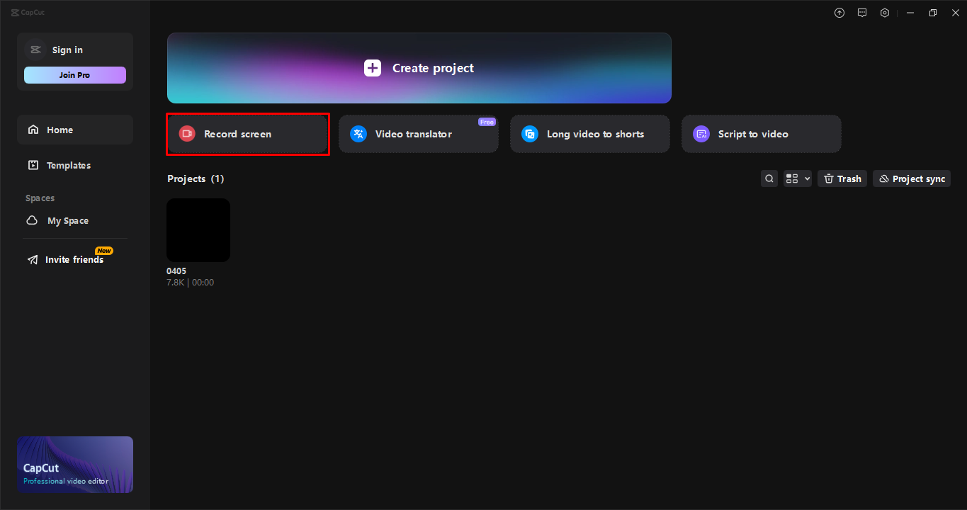 Launching the screen recorder in the CapCut desktop video editor