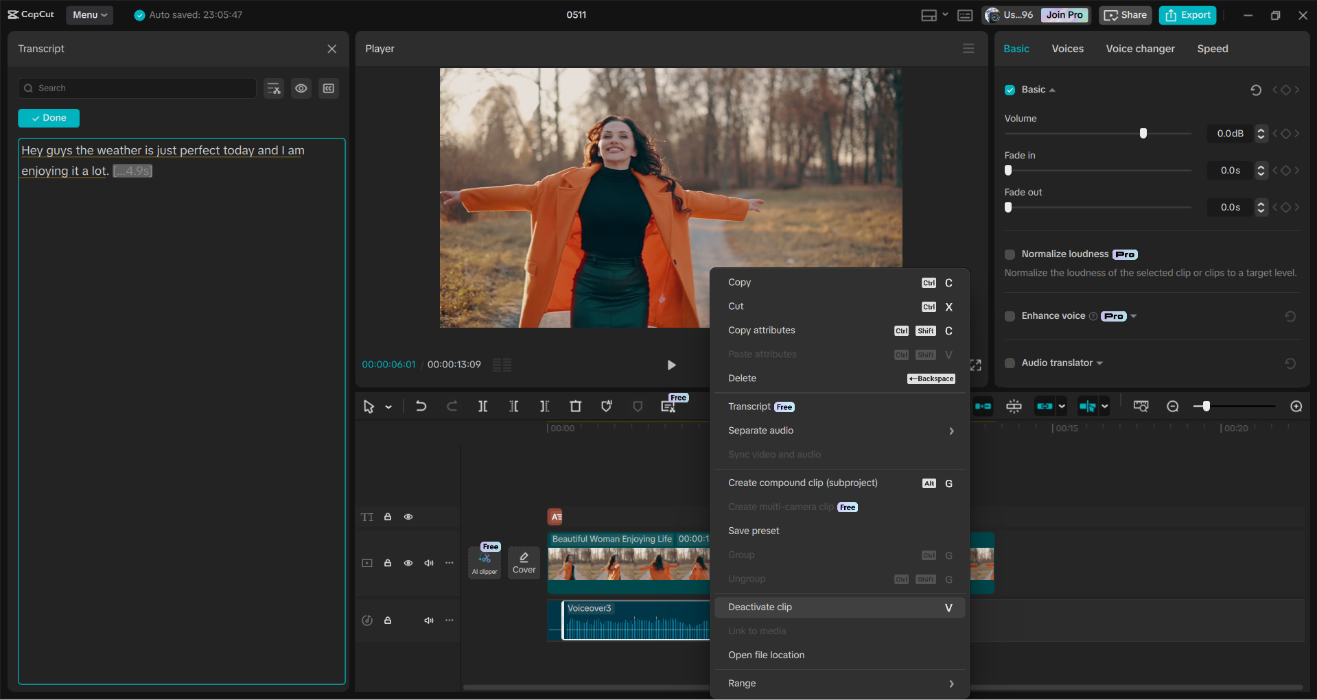 Interface of the CapCut desktop video editor - a quick way to transcribe a YouTube video