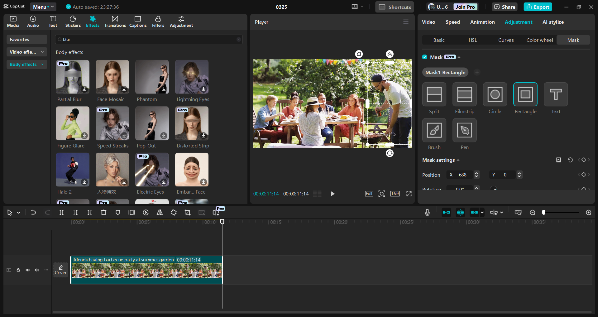 Selected person in a video preview with mask-shape controls open above the project timeline