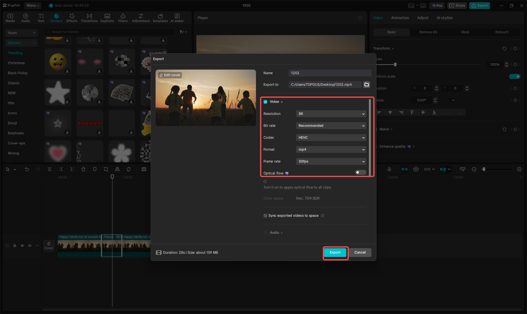 Export the freeze frame video