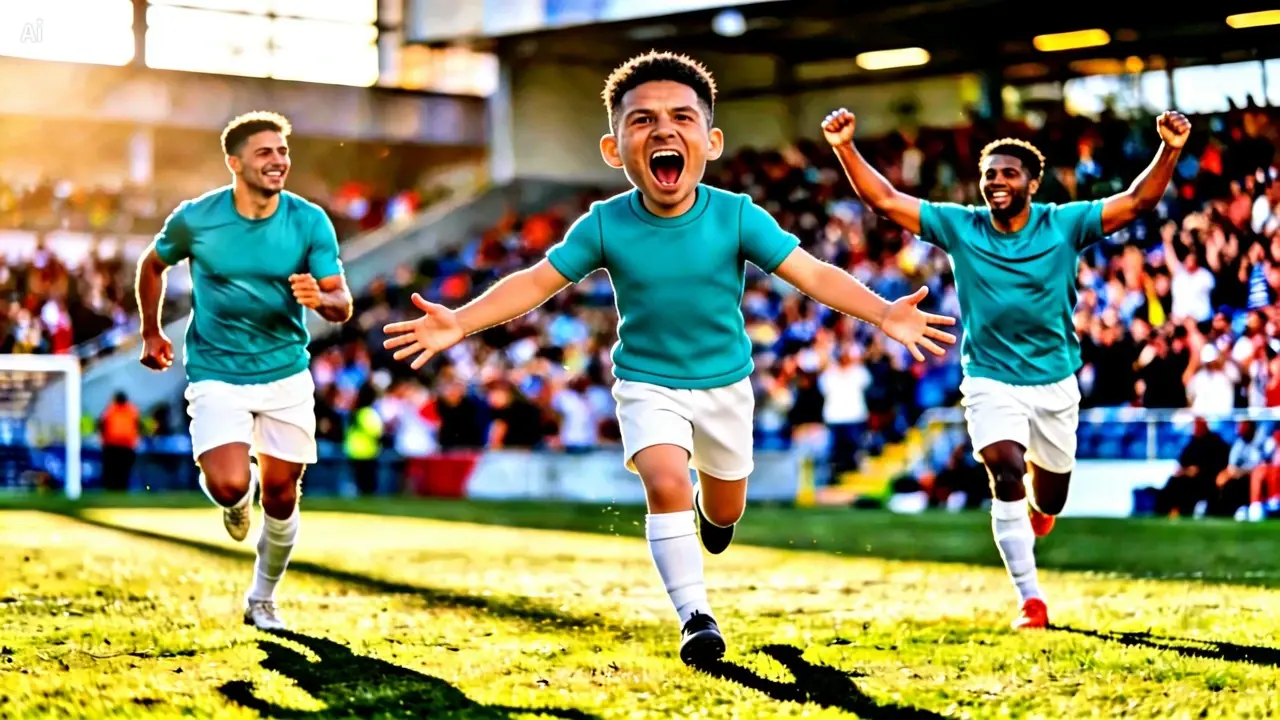 Three soccer players with oversized heads run and celebrate on a field
