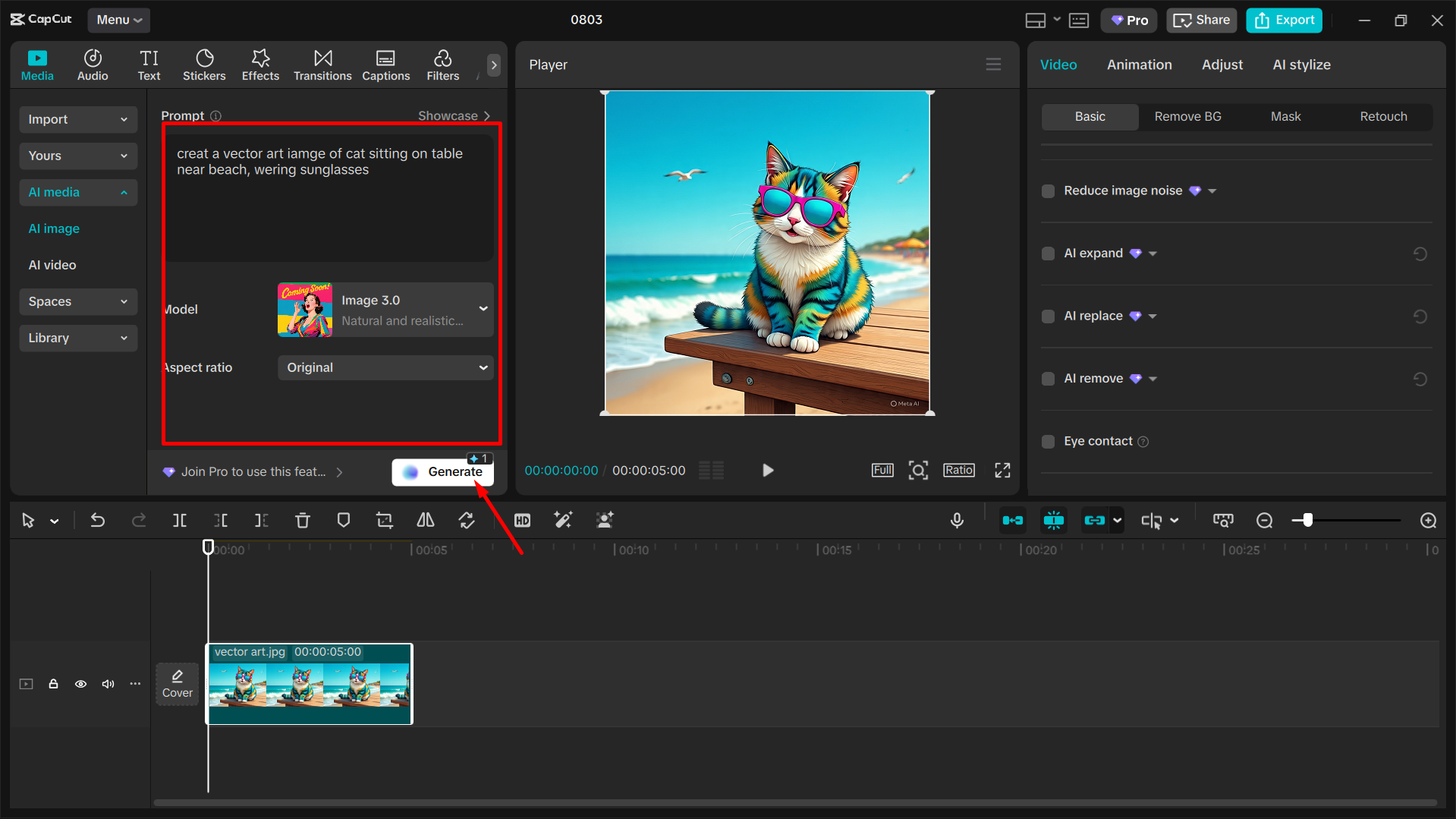 Generating and editing the image in the CapCut desktop video editor
