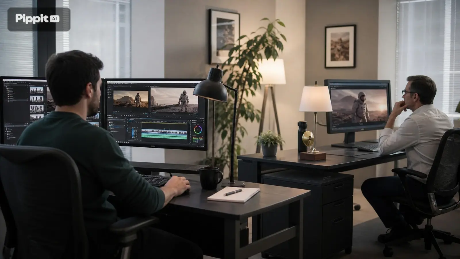 Två personer granskar videoredigering på dubbla skärmar i ett kontor