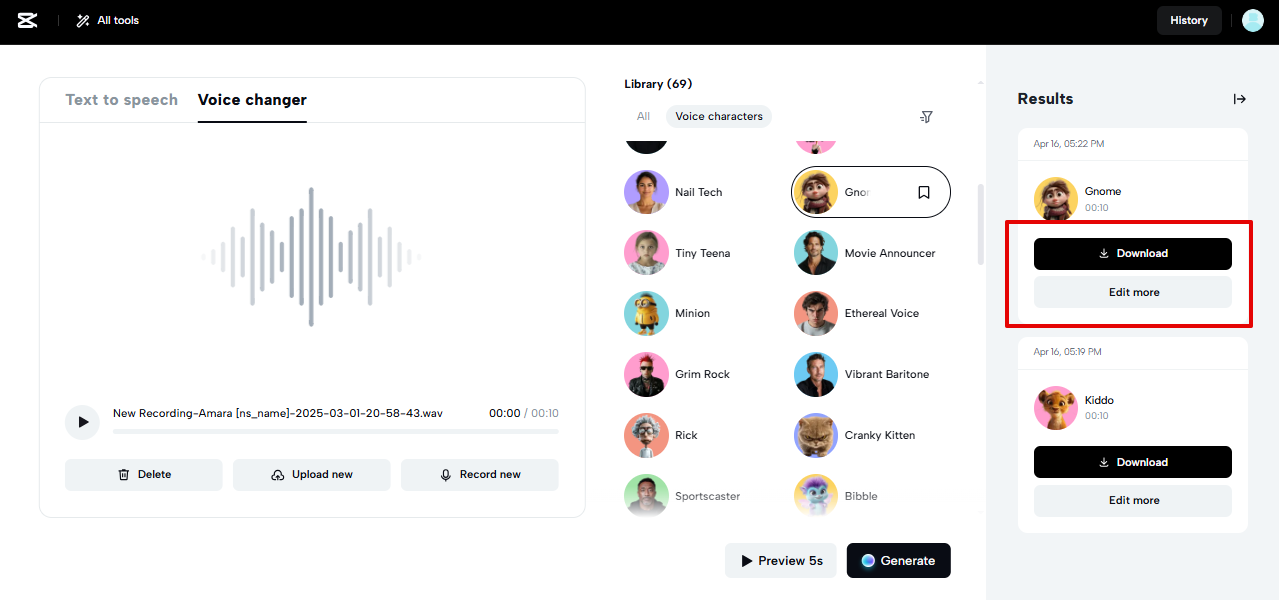 Export option in CapCut Web voice changer