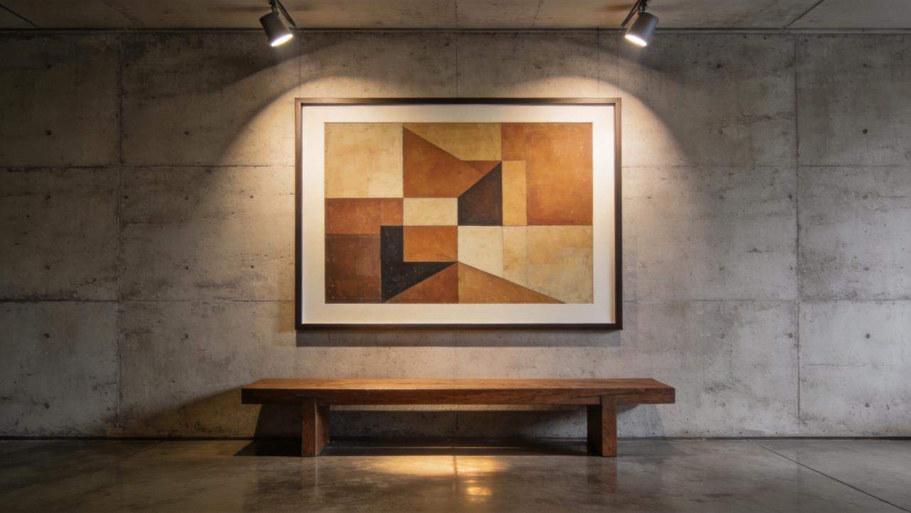 Framed abstract poster on a concrete wall above a wooden bench under spotlights