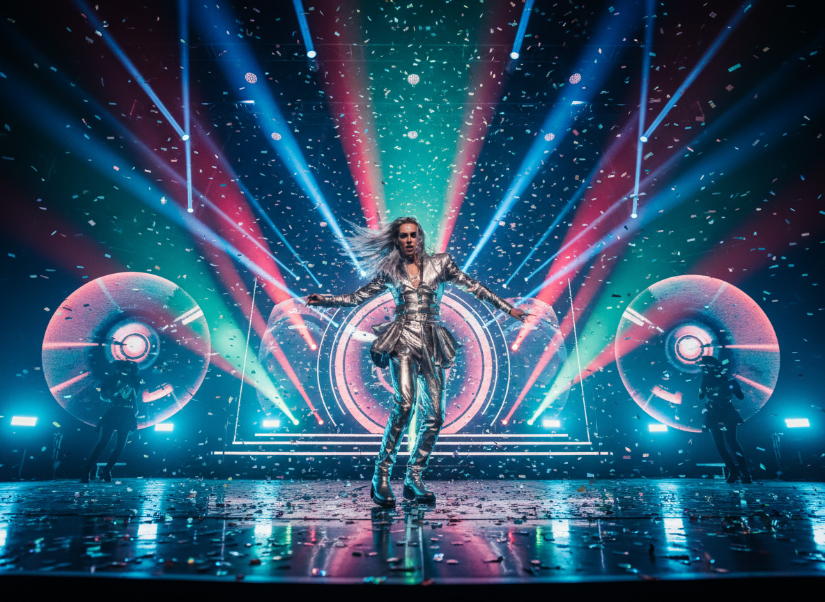 Illuminazione scenica stilizzata con motion blur del performer e atmosfera alla moda lucida.