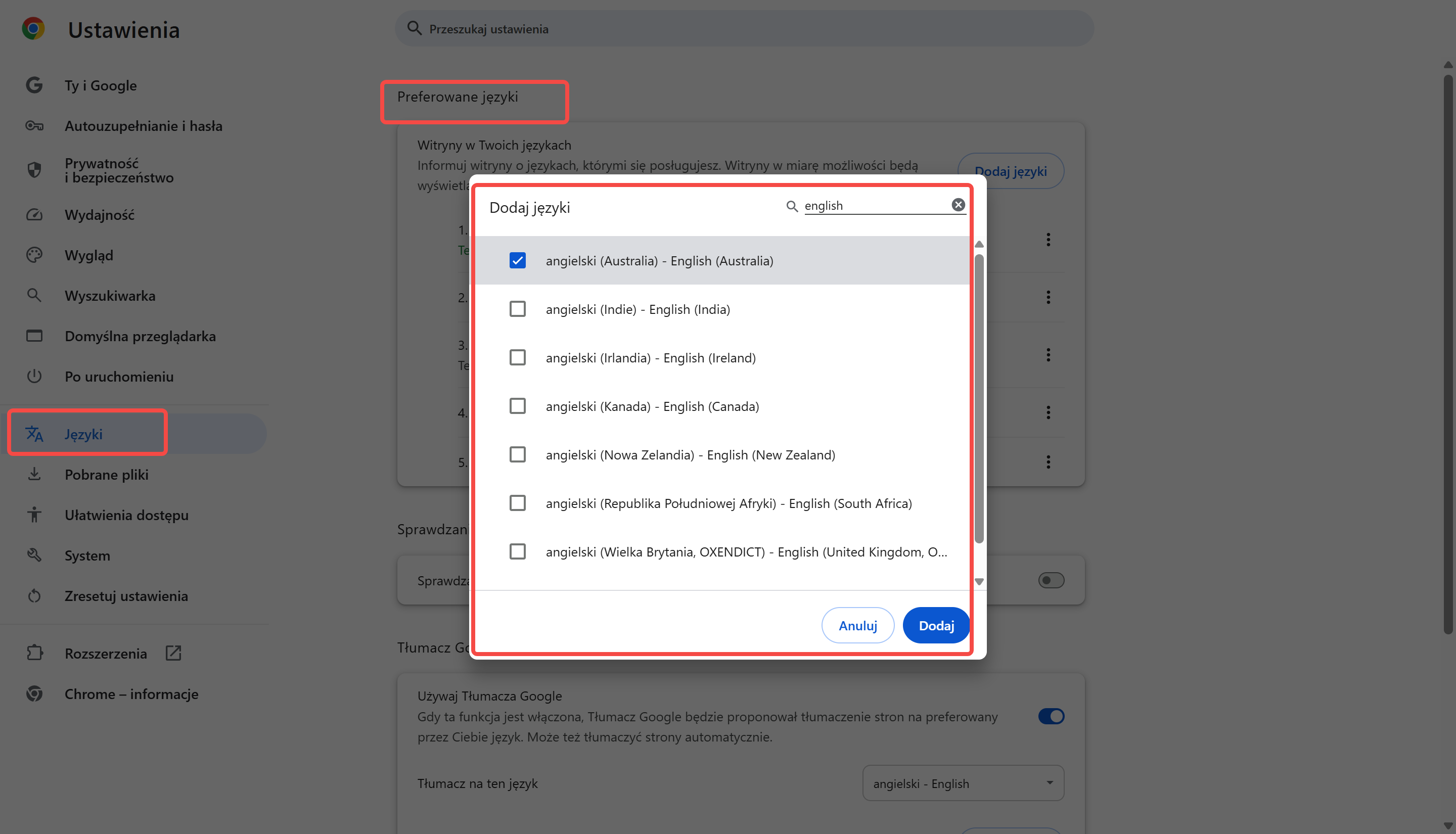 Using Chrome auto-translate to translate Polish to English on Google