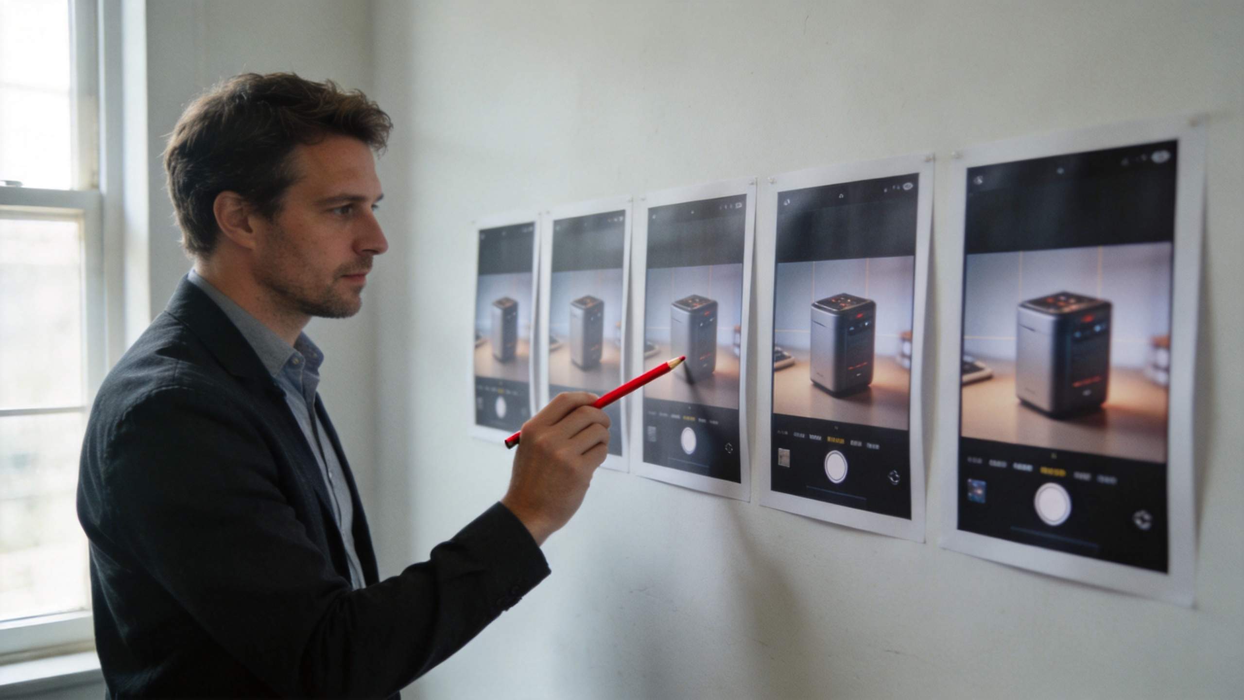 Man comparing printed product shots on a wall and pointing with a red pencil