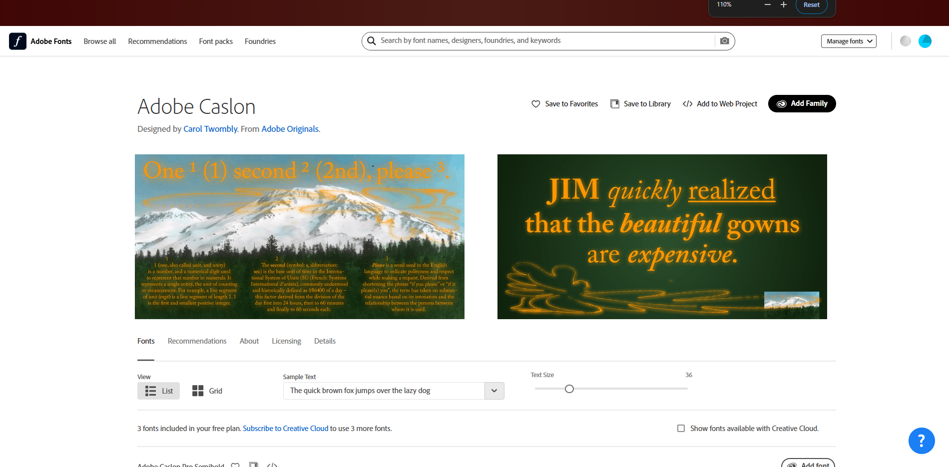 Interface of Adobe Fonts - the most liked site to get Caslon bold fonts