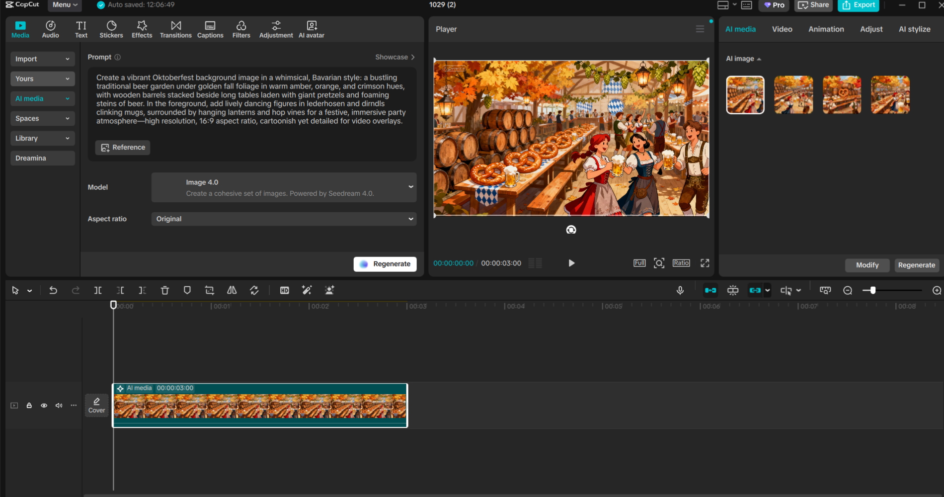 CapCut PC interface displaying Oktoberfest background image generated from prompt