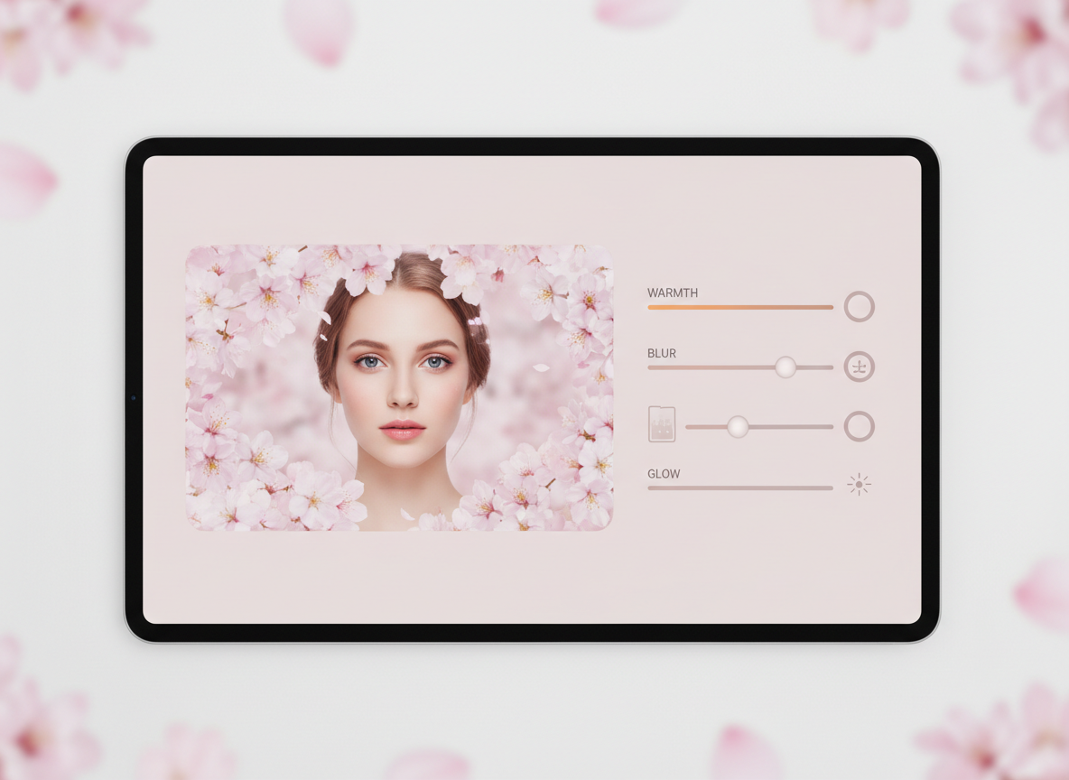Preview screen with warmth, blur, and glow sliders, blossoms around subject, neutral UI in soft pink