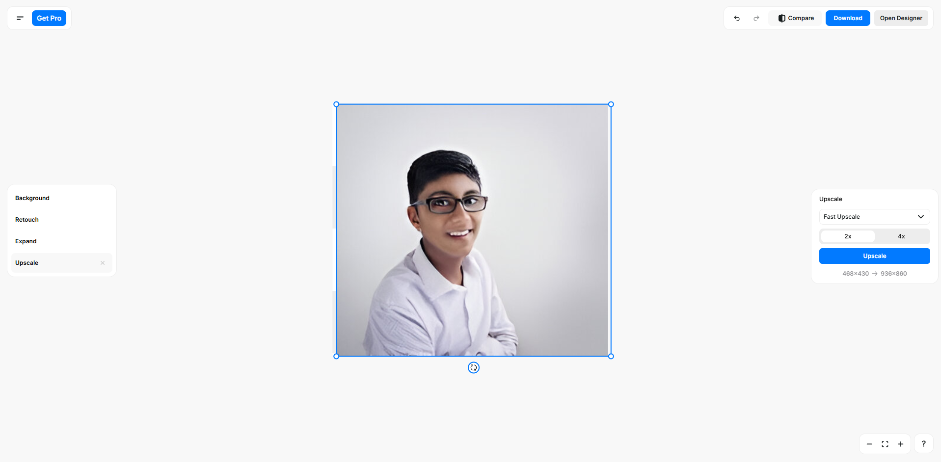 Interface of Pixelcut - an online tool for free AI image upscaling