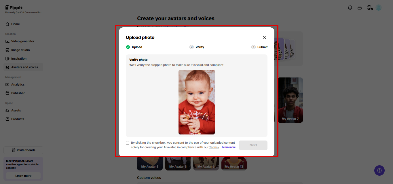 Uploading baby photo to Pippit