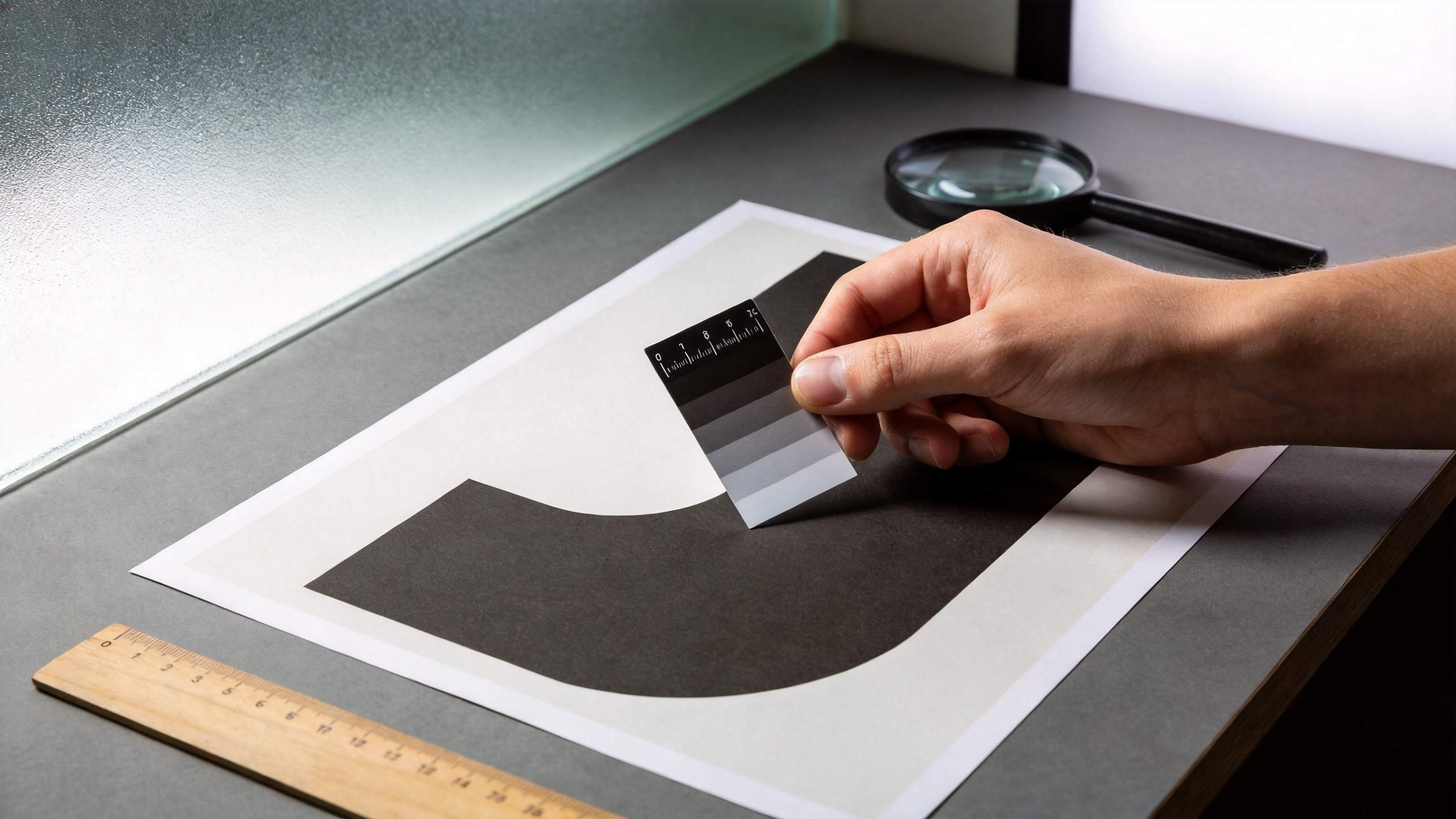 Hand holding a grayscale swatch card above a bold black-and-white graphic on a desk with ruler and magnifying glass