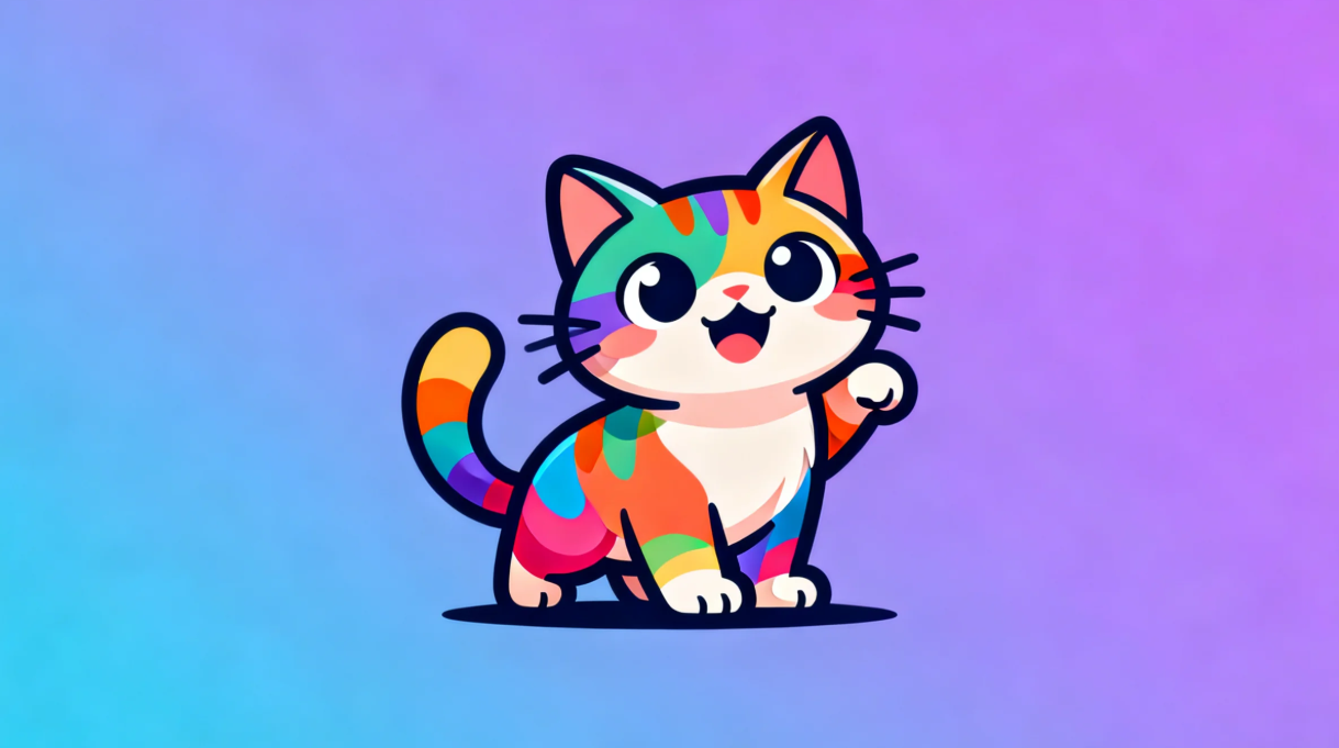 遊び心のある漫画風猫のマスコットロゴ、大きな目付き