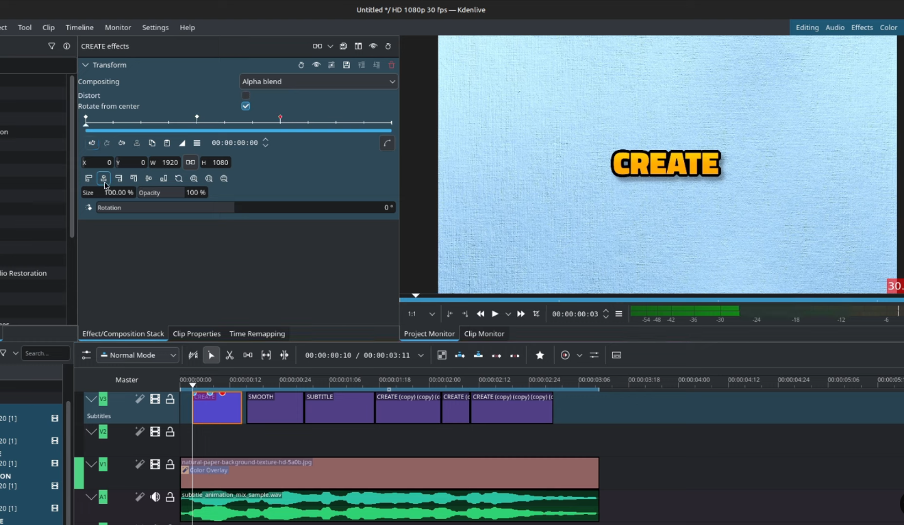 Image showing how to animate text with keyframes in Kdenlive video editor