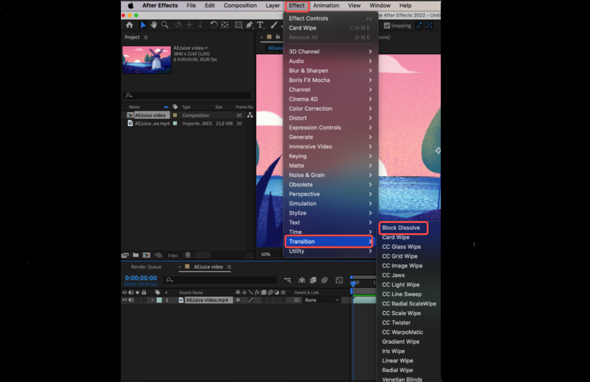 Add dissolve effect in After Effects using AE transitions