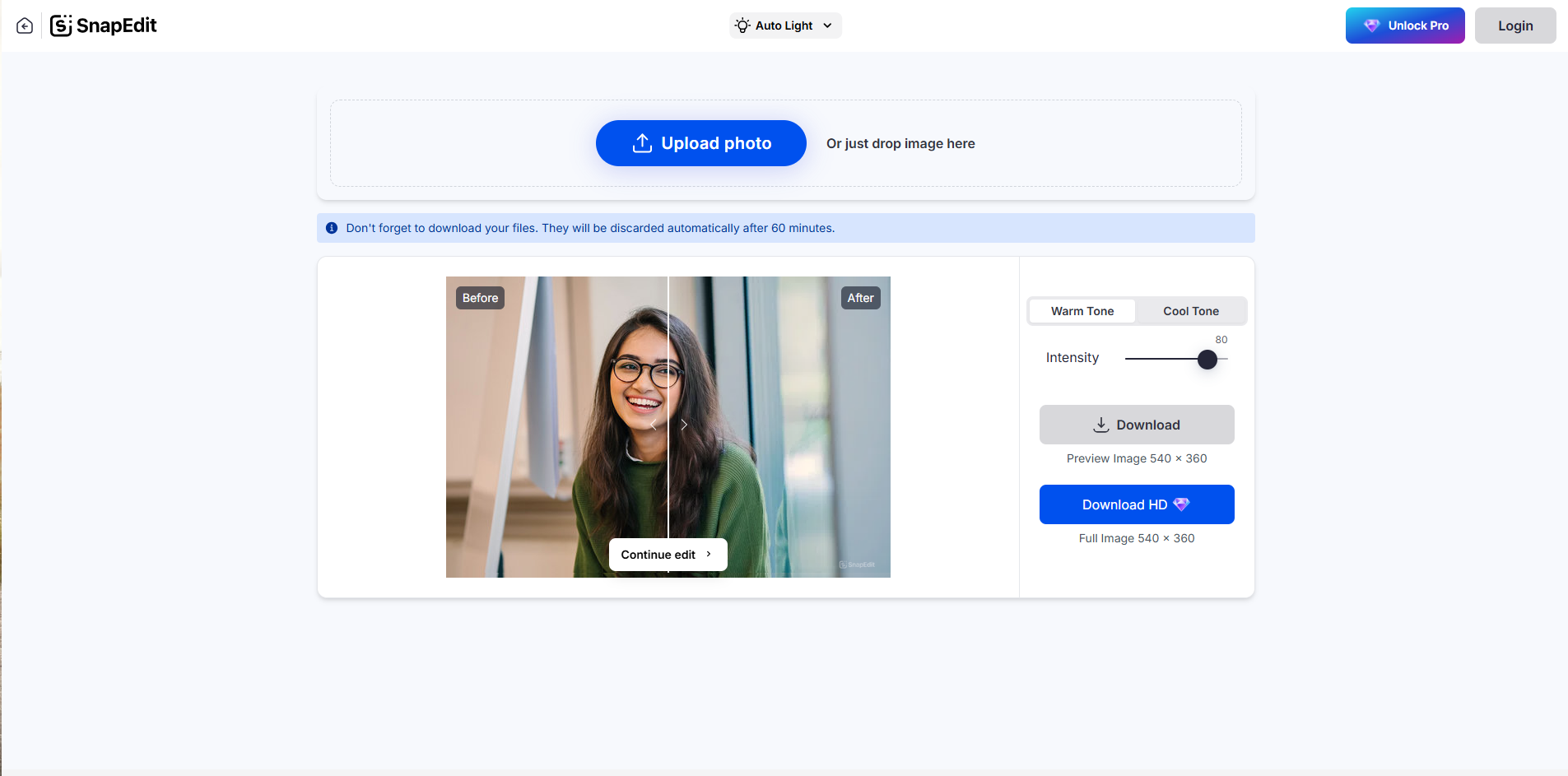 Інтерфейс SnapEdit - безкоштовний онлайн автоматичний редактор фотографій