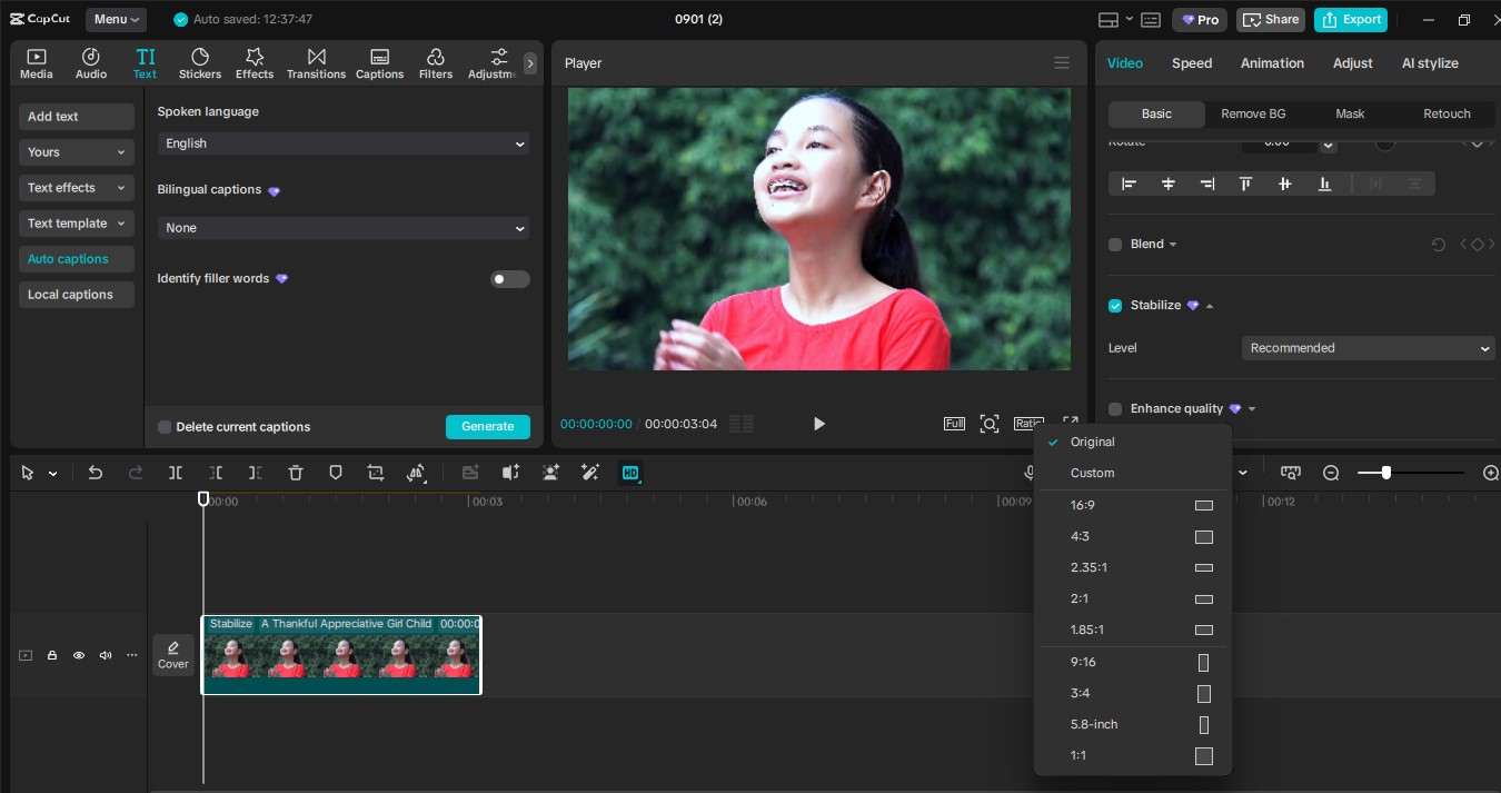 Interfejs edycji CapCut komputerowego edytora wideo